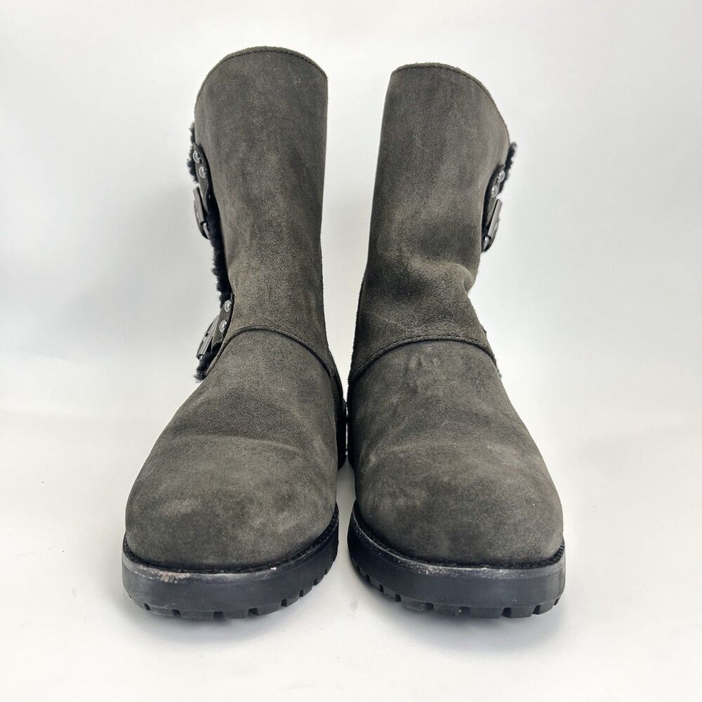 UGG Niels II Boots Womens 7 Black Suede Sheepskin Mid-Calf Zipper Biker 1095130 - Picture 4 of 9